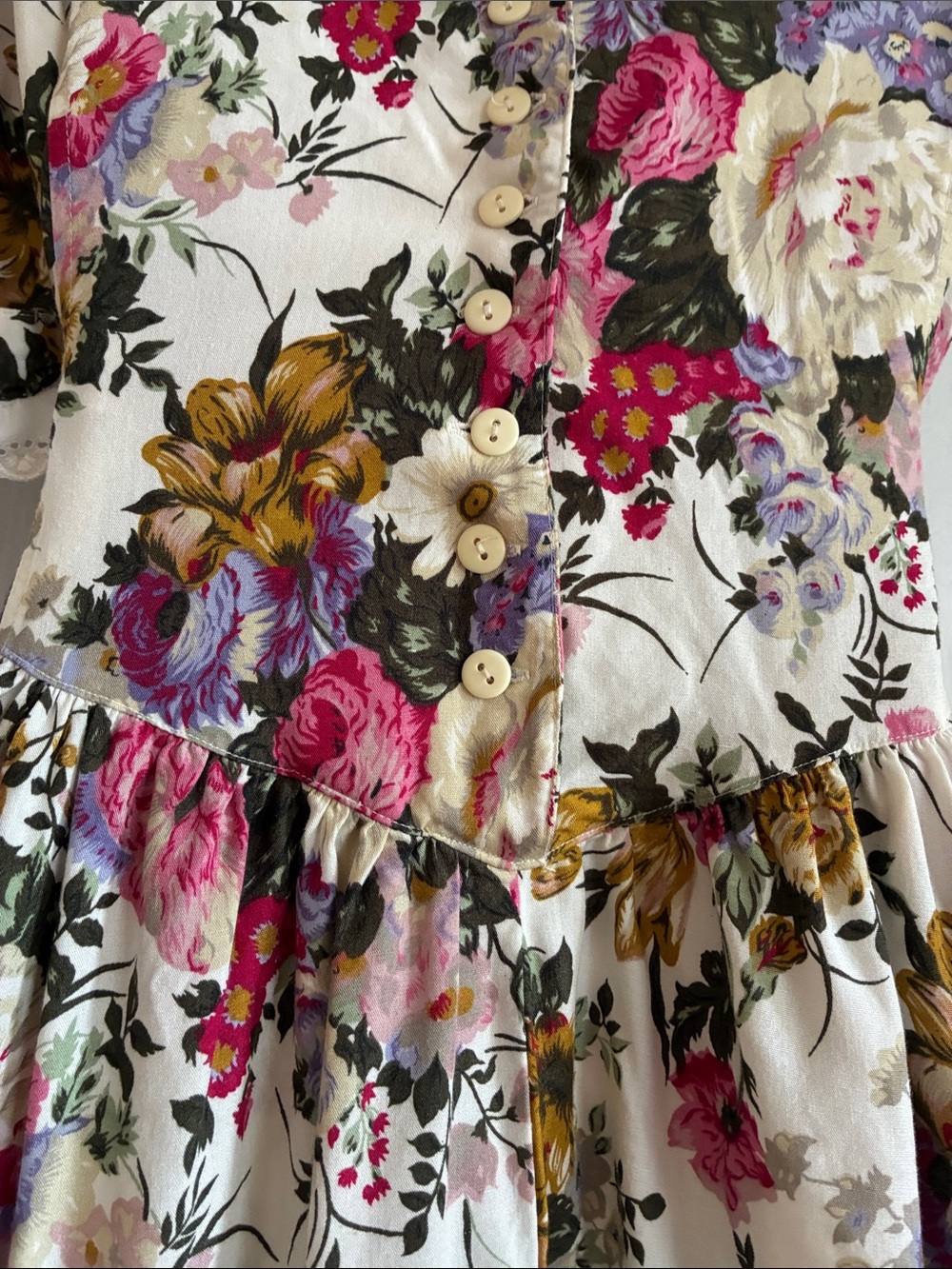 Vintage 80s Sweet Miranda Floral Rayon Midi Dress Prairie Cottagecore Button - Picture 6 of 9
